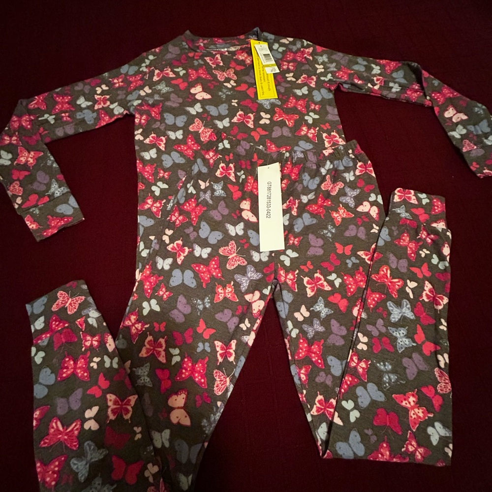 HUE Kids Pajama Set with Butterfly Print - Pink and Gray Size 14